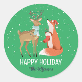 Adesivo Redondo Fox Deer Snowy Winter Holidy Animal de Natal