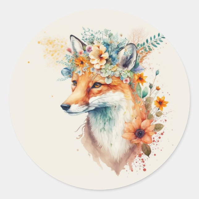 Adesivo Redondo Fox Flower Crown Watercolor         (Frente)