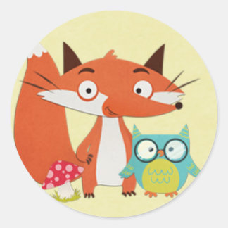 Adesivo Redondo Fox Owl e Mushroom em amarelo