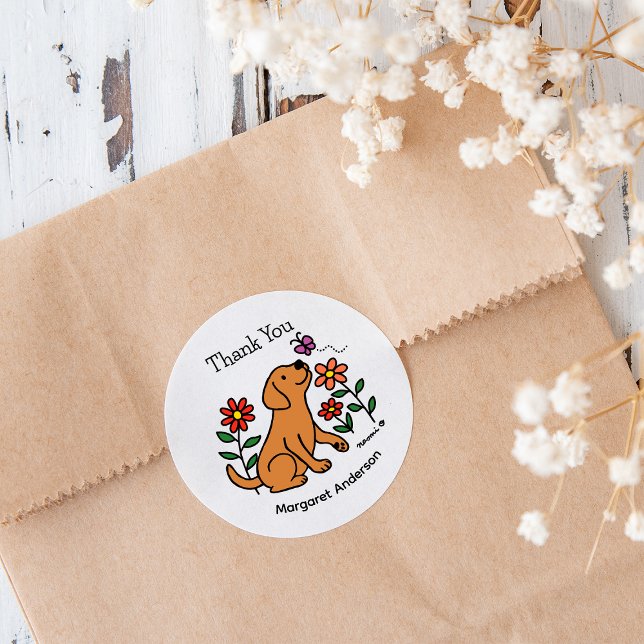 Adesivo Redondo Fox Red Labrador Flores (Fox Red Labrador Flowers Cartoon Stickers for Labrador Owners.  Cute dog design.  Personalized.)