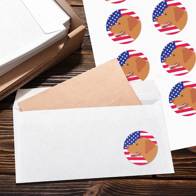 Adesivo Redondo Fox Red Labrador Perfil EUA (Fox Red Labrador Profile US Flag Stickers for Labrador Owners in the US.  Sweet expression of Lab.)