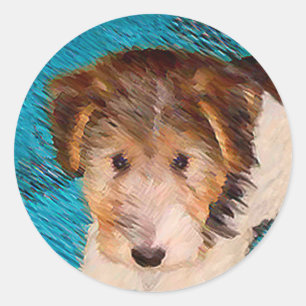 Adesivo Redondo Fox Terrier Puppy Painting - Arte Original De Cão