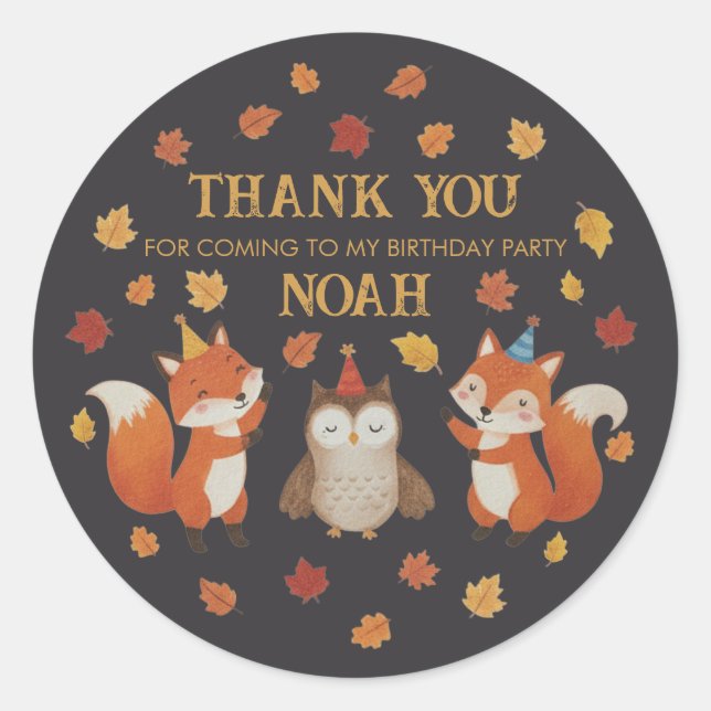 Adesivo Redondo Foxes and Owl Woodland Fall Kids Birthday Sticker (Frente)