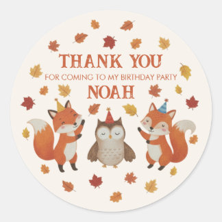 Adesivo Redondo Foxes and Owl Woodland Fall Kids Birthday Sticker