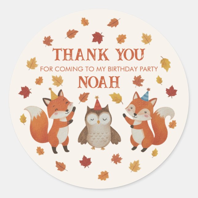 Adesivo Redondo Foxes and Owl Woodland Fall Kids Birthday Sticker (Frente)