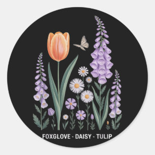 Adesivo Redondo Foxglove Daisy Tulip Floral Nature Art