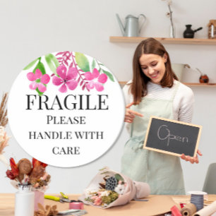 Adesivo Redondo Frágil, manusear com cuidado, floral amarelo rosa