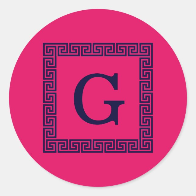 Adesivo Redondo Framboesa, Marinho Azul Chave Grega #1 Monograma F (Frente)