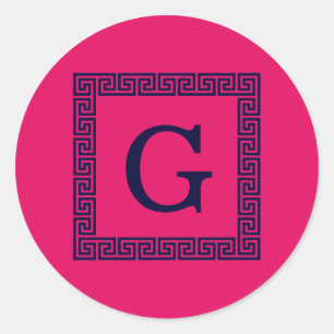Adesivo Redondo Framboesa, Marinho Azul Chave Grega #1 Monograma F