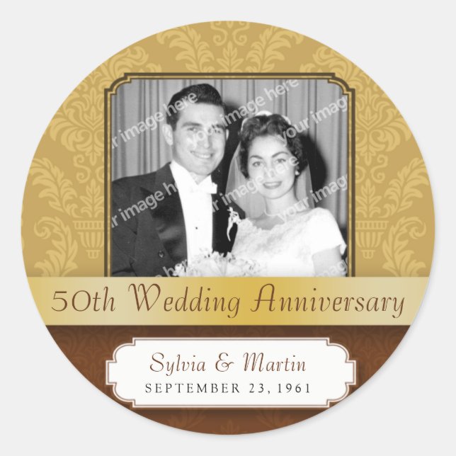 Adesivo Redondo Frame o Ouro Damask 50º Aniversário (Frente)