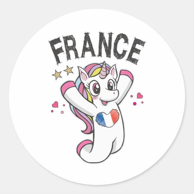 Adesivo Redondo França Soccer Fan Unicorn com bandeira cardíaca (Frente)