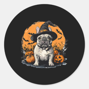 Adesivo Redondo Francês Bulldog Frenchie Dog Whitch Hat Halloween
