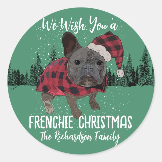 Adesivo Redondo Francês Bulldog Natal Personalizado Cão Francês (Frente)