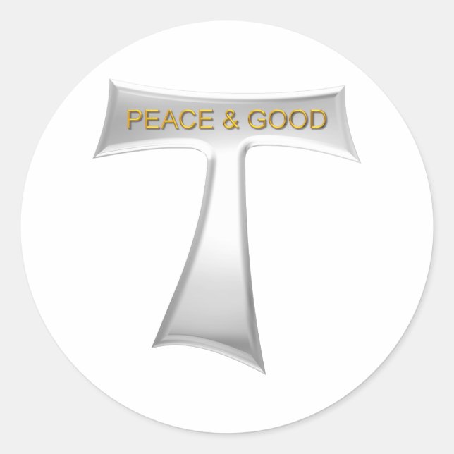 Adesivo Redondo Franciscan Tau Cross Peace e Good Silver & Dourado (Frente)