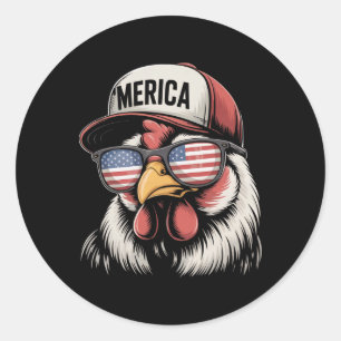 Adesivo Redondo Frango Americano Bandeira EUA Fazendeiro Engraçado