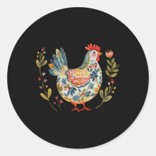 Adesivo Redondo Frango Boho Flor Arte Folclórica Floral Agricultor