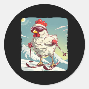 Adesivo Redondo Frango De Inverno Engraçado Com Scu De Esqui Cruza