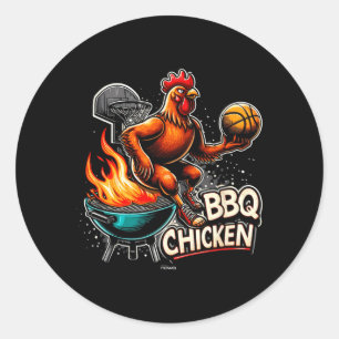 Adesivo Redondo Frango Grelhado Bbq Jogando Basquete Flamejante