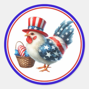 Adesivo Redondo Frango Patriótico do Dia 4 de Julho com Bandeira d