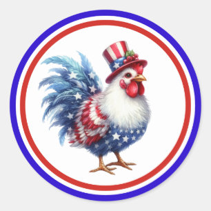 Adesivo Redondo Frango Patriótico do Dia 4 de Julho com Bandeira d