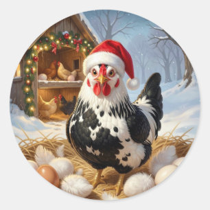 Adesivo Redondo Frango Preto e Branco com Chapéu de Natal