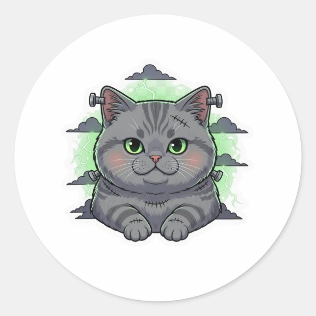 Adesivo Redondo Frankenbrit - Halloween de Cat Shorthair Britânico (Frente)