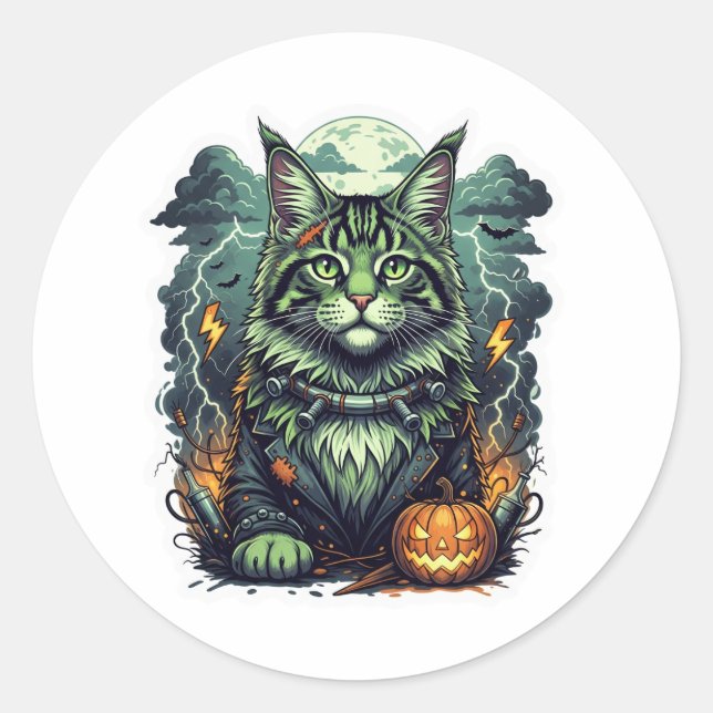 Adesivo Redondo FrankenCoon - Halloween do Maine Coon (Frente)
