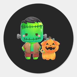 Adesivo Redondo Frankenstein E Cachorro Abóbora Halloween