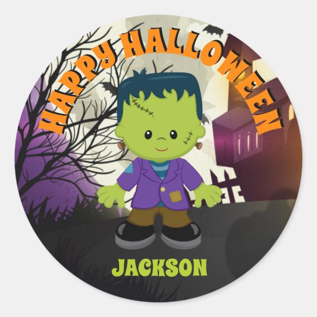 Adesivo Redondo Frankenstein Halloween Stickers Kids Personalizado (Frente)
