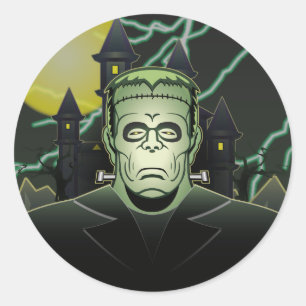 Adesivo Redondo Frankenstein Monster Halloween Castle Lightning