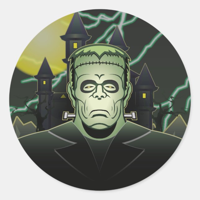 Adesivo Redondo Frankenstein Monster Halloween Castle Lightning (Frente)