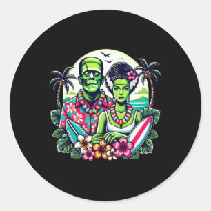 Adesivo Redondo Frankenstein Monstro E Noiva Tropical Havaiano B