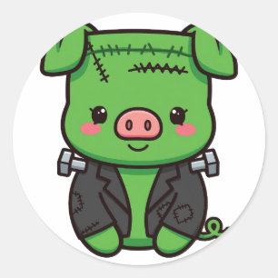 Adesivo Redondo Frankenstein Porco Fofo de Halloween