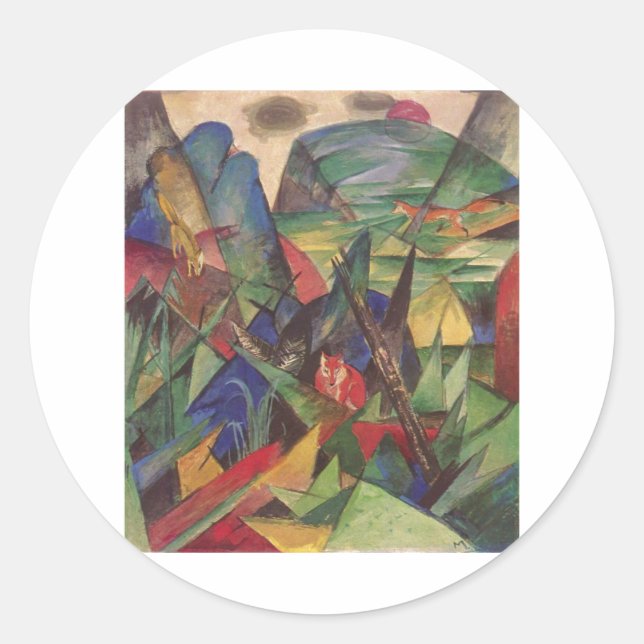 Adesivo Redondo Franz Marc - Raposas 1913 Canvas de petróleo Rapos (Frente)