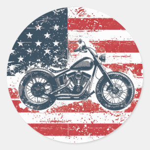 Adesivo Redondo Freedom Ride: Retro Motorcycle and American Flag