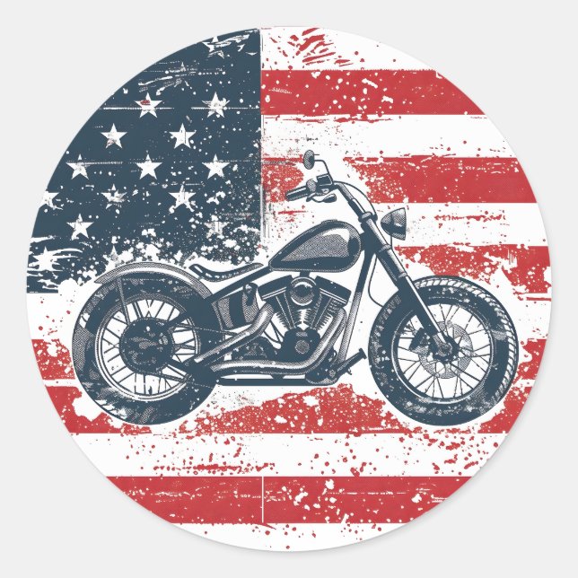 Adesivo Redondo Freedom Ride: Retro Motorcycle and American Flag (Frente)