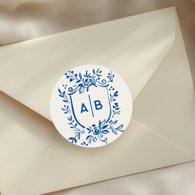 Adesivo Redondo French Blue Botanical Crest Wedding Monogram (Criador carregado)