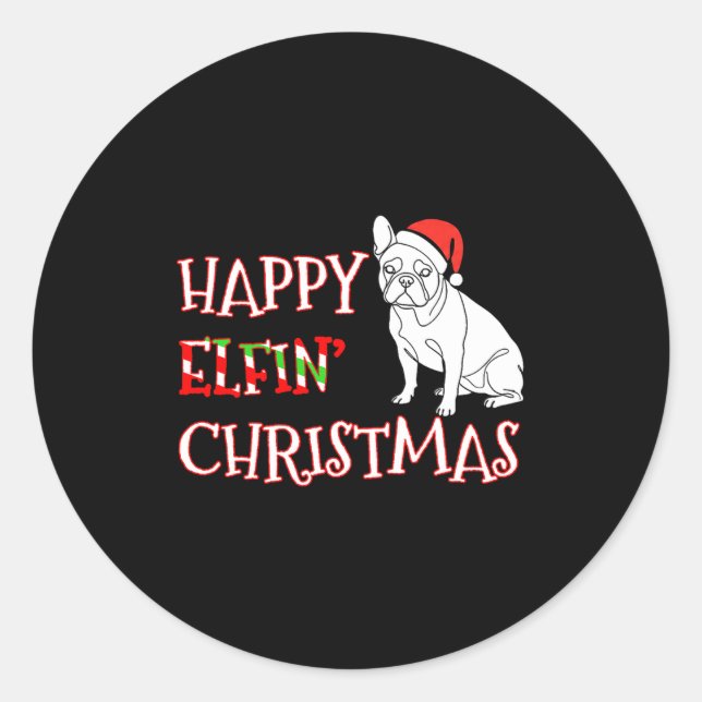 Adesivo Redondo French Bulldog Funny Santa Hat Happy Elfin Christm (Frente)