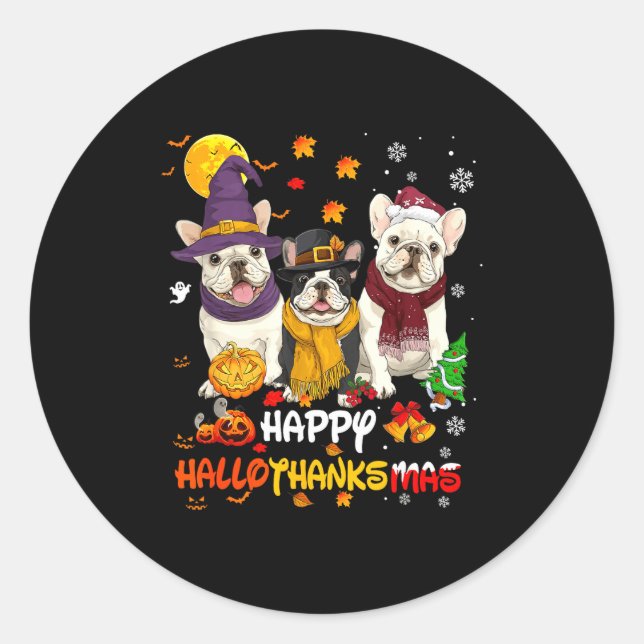 Adesivo Redondo French Bulldog Happy Hallothanksmas Dog Lover Chri (Frente)