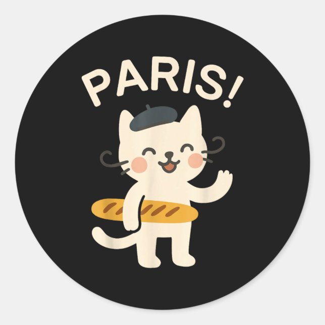 Adesivo Redondo French Cat With Baguette Cute Cat Paris Funny Anim (Frente)