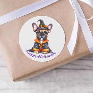 Adesivo Redondo Frenchie Halloween Roupão Roxo Chapéu de Bruxa