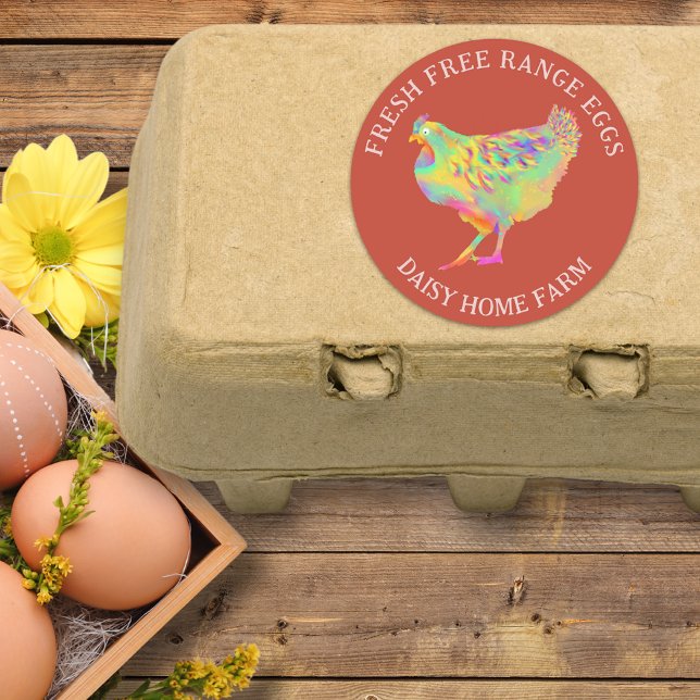 Adesivo Redondo Frescos Ovos Aquarela Frangos (Fresh free range chicken egg box stickers with business name and cute colorful hen illustration )