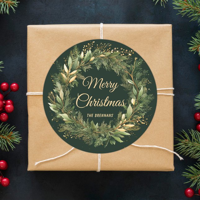 Adesivo Redondo Freseira de Natal Elegante Botânica Festiva Verde (Christmas Wreath Elegant Festive Green Botanical Classic Round Sticker)