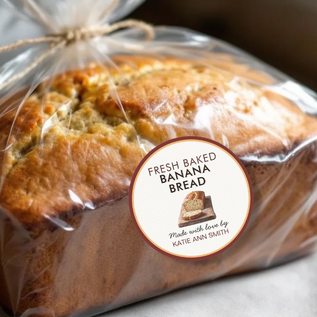 Adesivo Redondo Fresh Baked Banana Bread Label | Bakery Sticker (Homemade banana bread sticker label for home bakery goods)