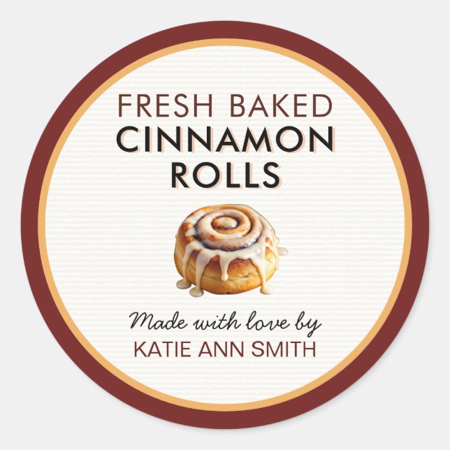 Adesivo Redondo Fresh Baked Cinnamon Roll Labels | Bakery Sticker (Frente)