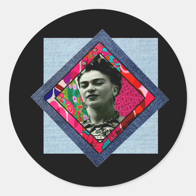 Adesivo Redondo Frida Kahlo Retro Pink Denim (Frente)