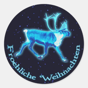 Adesivo Redondo Froehliche Weihnachten - caribu azul (rena)
