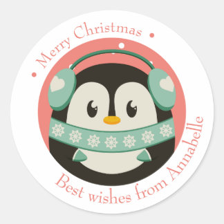 Adesivo Redondo Frohe Weihnachten Geschenkaufkleber mit Pinguin