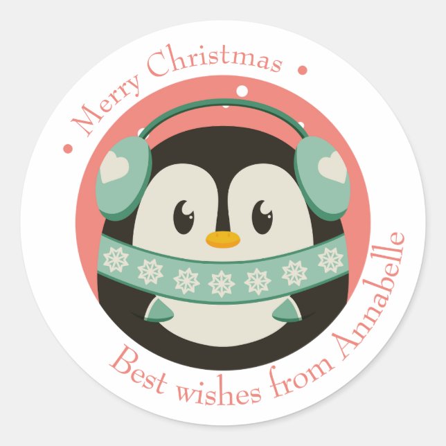 Adesivo Redondo Frohe Weihnachten Geschenkaufkleber mit Pinguin (Frente)