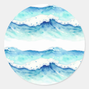 Adesivo Redondo Fronteira de Ondas do Oceano em Aquarela